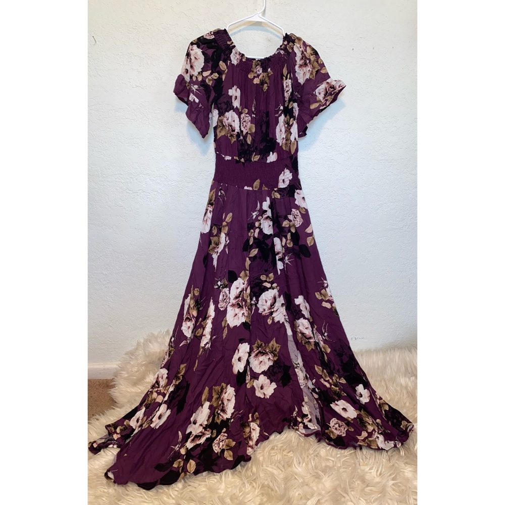 Purple Floral Off Shoulder Maxi Dress With Slits Size XS/M